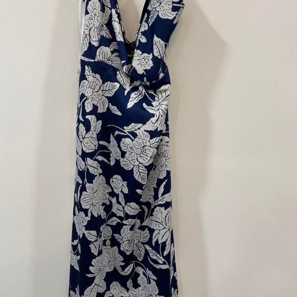 Lulus Women's Satin Dress Midi Floral Navy Blue White Wedding Guest Prom Resort - Picture 2 of 8